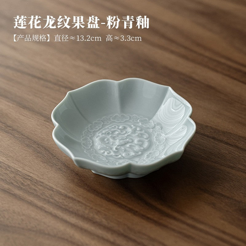 Creative Lotus Pattern Fruit Plate Zen Ceramic Snack Plate Retro Fruit Dishes Boutique Pastry Plate Hospitality Dishes Crafts