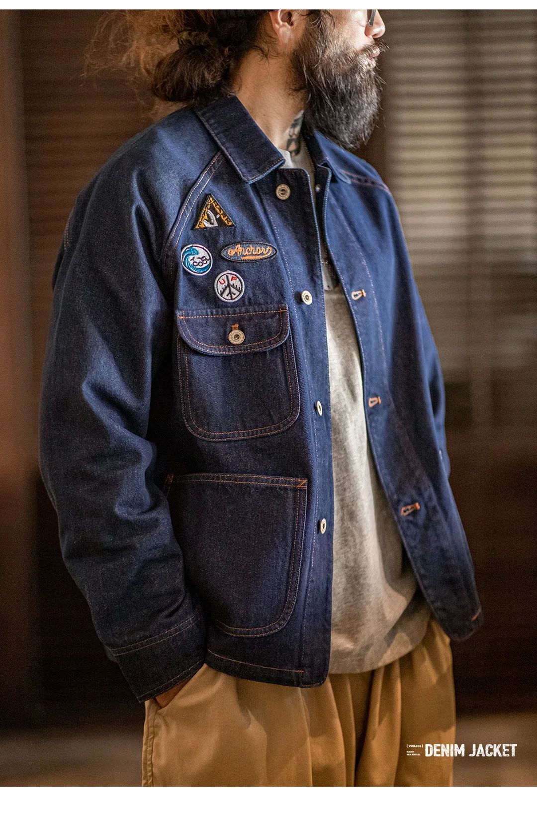 Maden Vintage 12.8oz Heavyweight Denim Jacket Embroidered Badge Washed Lapel Casual Outerwear for Men Spring and Fall Chore Coat