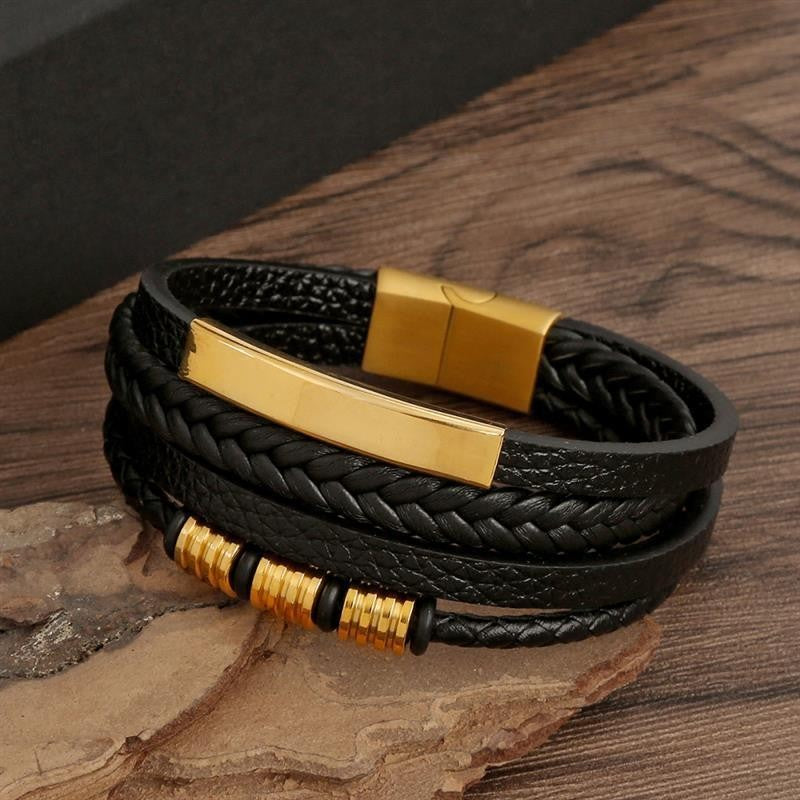 Pulseira de Couro Masculina Punk com Fecho Magnético de Aço Inoxidável Trançado em Camadas Envoltório de Couro Pulseiras Presente Joias Masculinas