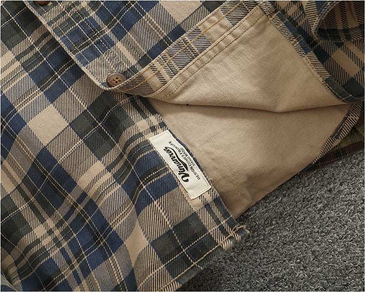 2024 Spring and Autumn New American Retro Woven Plaid Cargo Shirt Men's Simple 100% Cotton Washed Single Pocket Thin Jacket