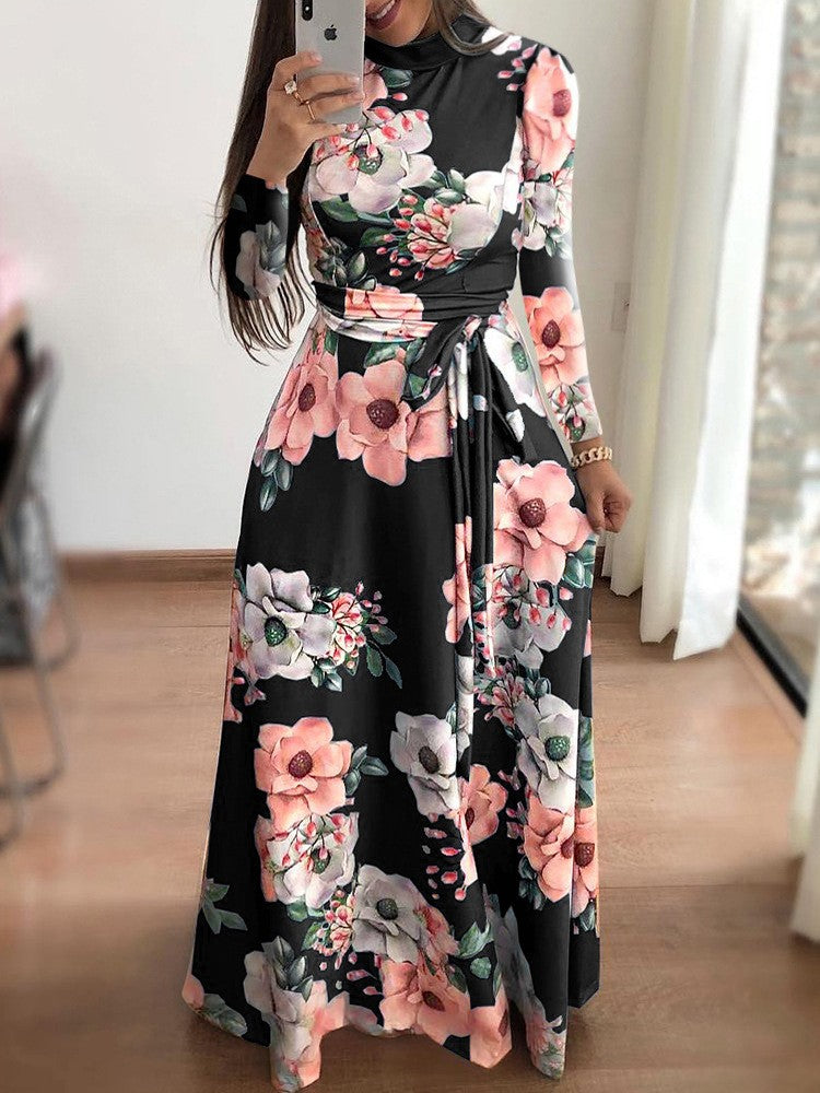 Women's Slim Dresses Casual Long Sleeve Round Neck Flower Printed Dress Strap Floor-Length Long Skirt Women's Clothing