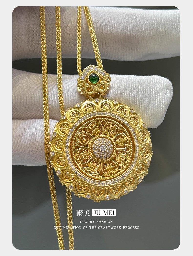 Gold shop 9999 24K real gold Chinese large rotating filigree Ruyi dot diamond eight treasure compass pendant weaving rope