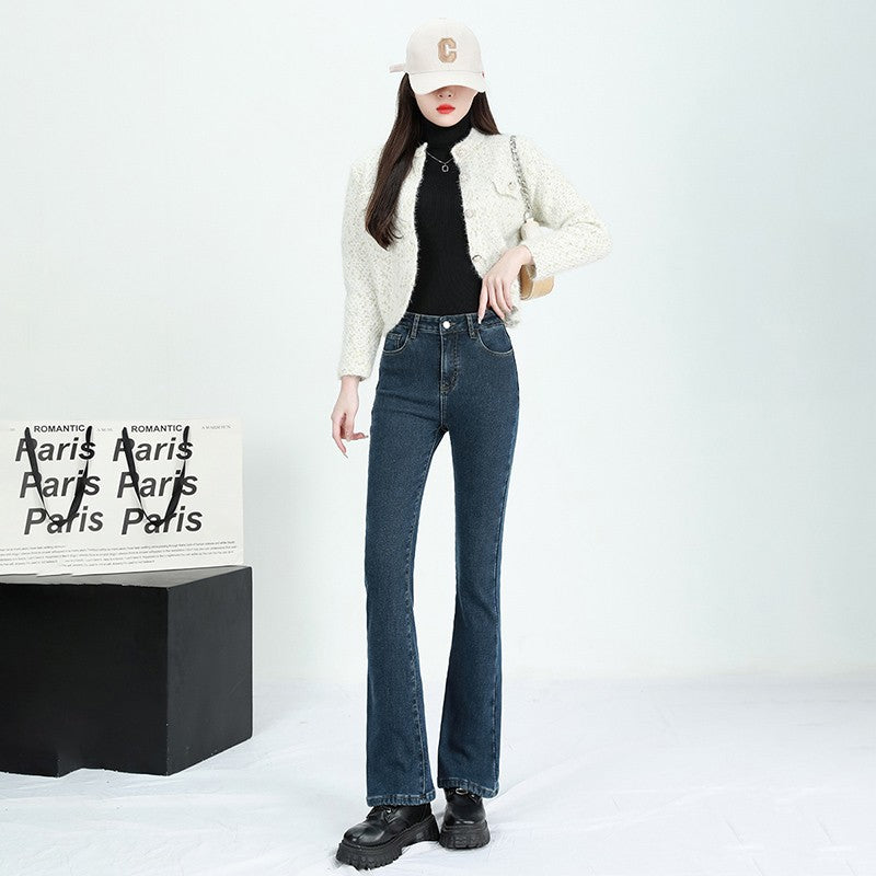 Winter Female Thin Snow Warm Plush Jeans Lady Chic Fleece Flared Pants Girls Korean High Waist Straight Leg Denim Trousers