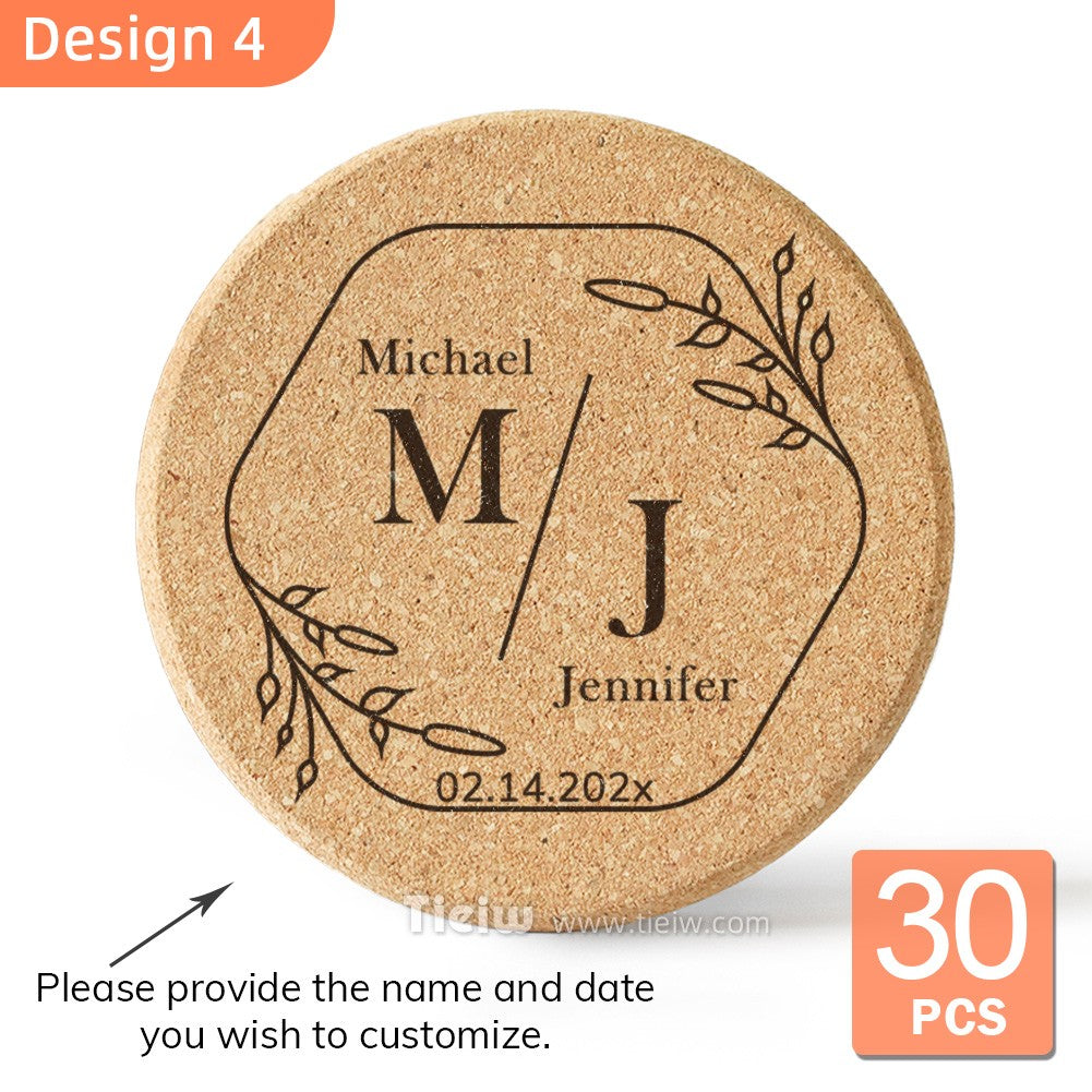 30pcs Personalized Cork Coasters-Tieiw Design-Wedding Favor for Guests Party Bridal Shower Corporate Engraved Coaster Gifts Bulk