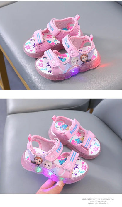 Disney Boys Girls Frozen Elsa Princess Led Light Up Luminous Sports Sandals Summer Kids Sandals Non-slip Toddler Shoes