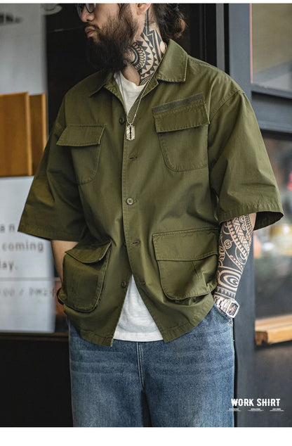 Maden Summer Vintage Four Pockets Short Sleeve Shirts for Men Cotton Green Loose Turn-down Collar Shirt Cargo Tops Male XL XXL