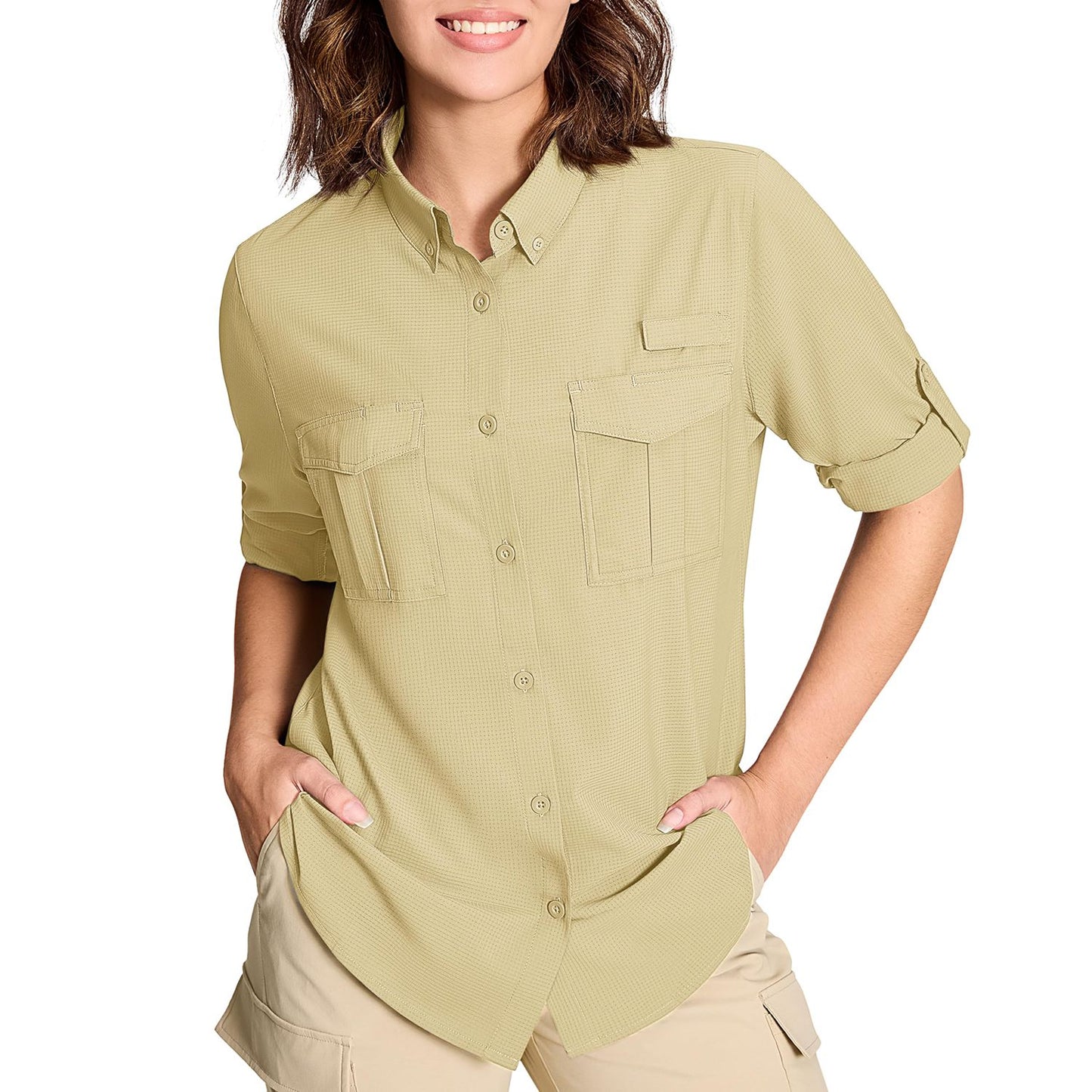 TACVASEN Womens UPF 50+ Fishing Shirts UV Block Quick Dry Long Sleeve Cargo Shirts Breathable Mesh Outdoor Trekking Hiking Shirt