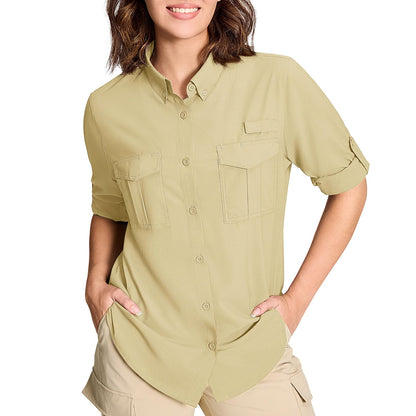 TACVASEN Womens UPF 50+ Fishing Shirts UV Block Quick Dry Long Sleeve Cargo Shirts Breathable Mesh Outdoor Trekking Hiking Shirt