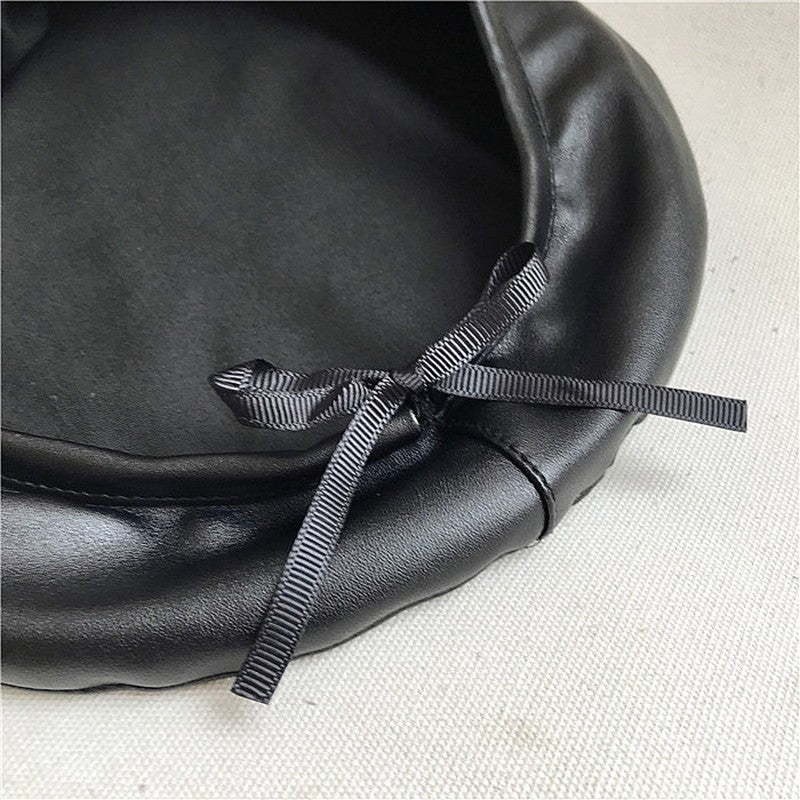 Women Girl Beret Hat French Retro Artist Beanie Hat Elegant Solid Color PU Leather Lady Painter Cap Spring Autumn Lady Berets