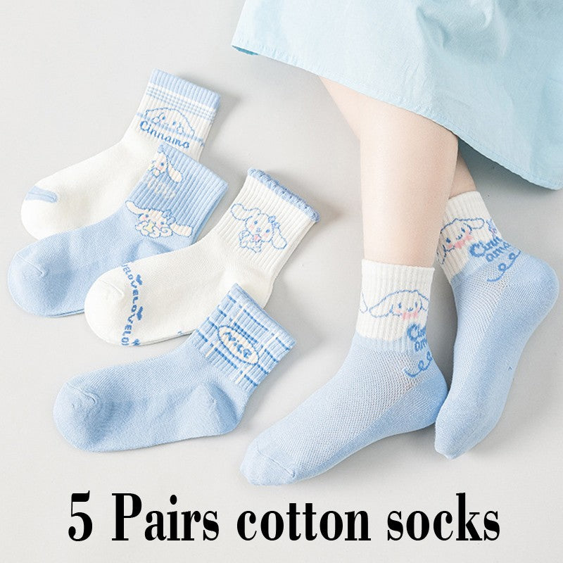 5 pares de meias de algodão de cano médio Kawaii Sanrio Cinnamoroll Kuromi para meninas e meninos, meias de algodão de cano médio de desenho animado para primavera e outono