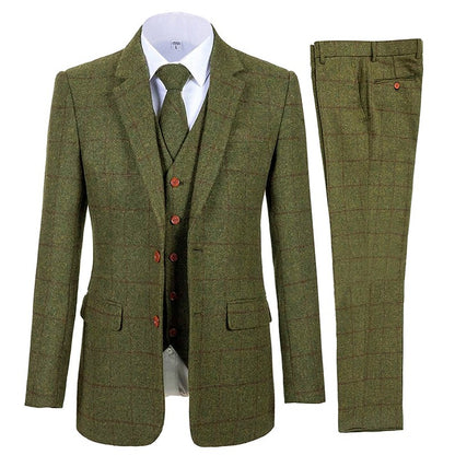 Brown Men Suits Plaid Tweed Suits for Man Three Pieces Vintage Lapel Tuxedos Groomsmen Winter Wedding Suit(Blazer+Vest+Pants)