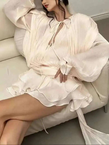 Beige Top Solid Blouse Mini Dresses For Women V Neck Long Sleeve Spliced Lace Up