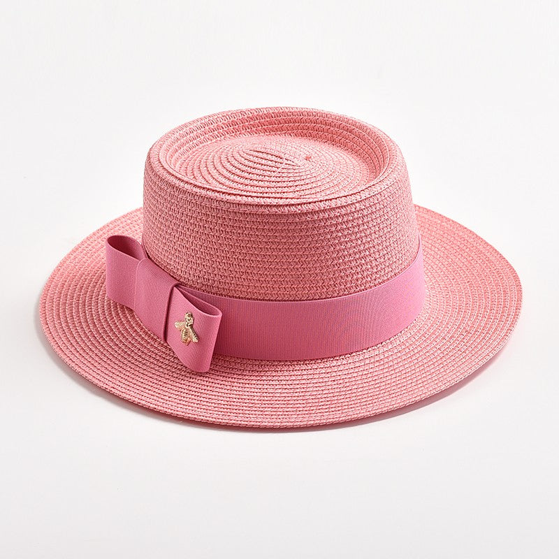 Novos Chapéus de Palha Primavera Verão Femininos de Superfície Ondulada, Topo Reto, Laço, Boné de Vestido, Chapéu de Sol para Viagem e Praia, Gorra