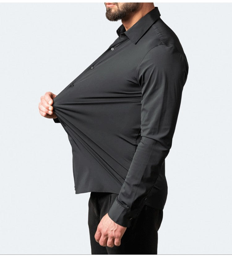 Plus Size 7XL 6XL High Elasticity Seamless Spandex Shirt Men Long Sleeve Slim Fit Casual Solid Color Social Formal Dress Shirts