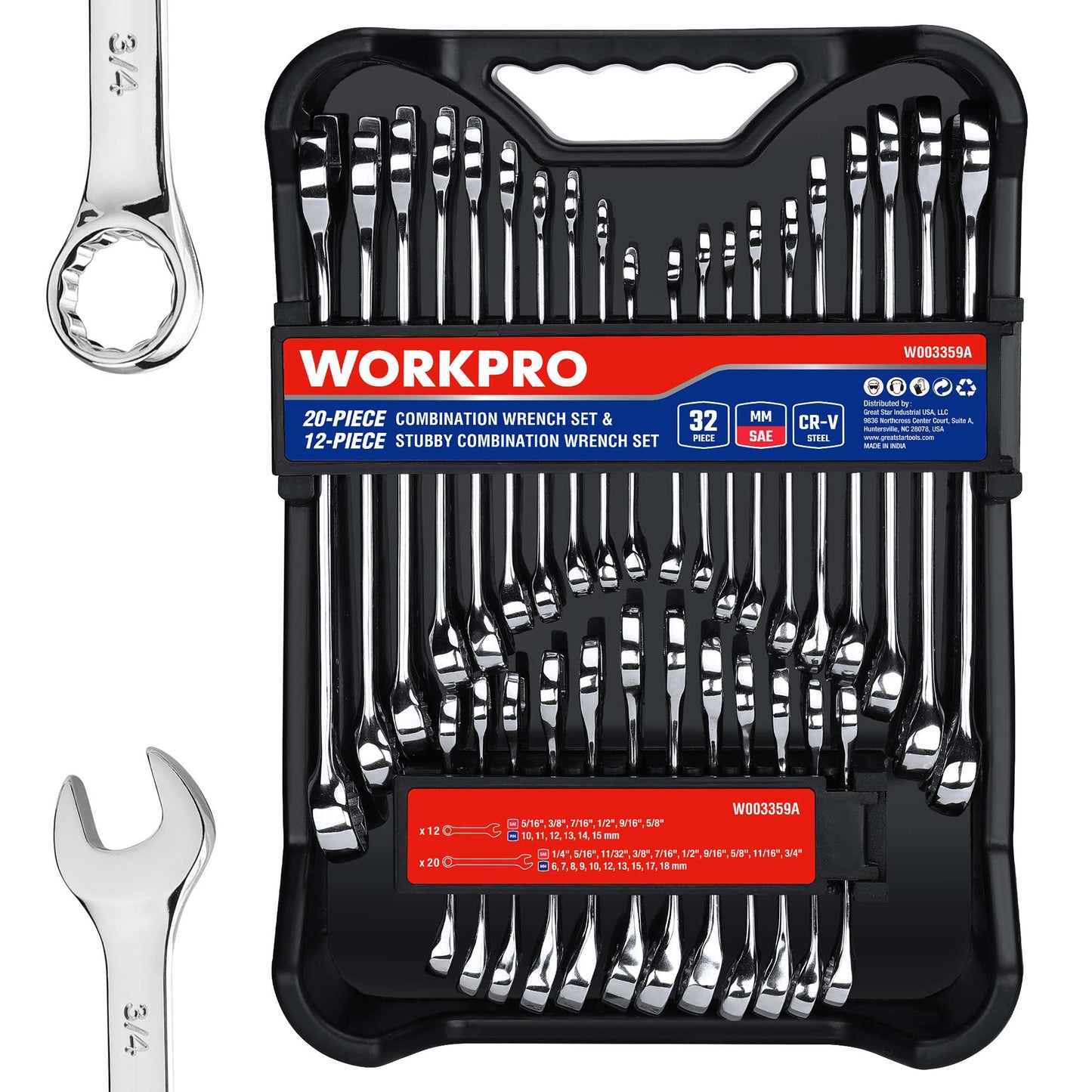 WORKPRO Jogo de 32 Chaves Combinadas SAE e Métricas, 20 Chaves Standard e 12 Chaves Curtas com Organizador
