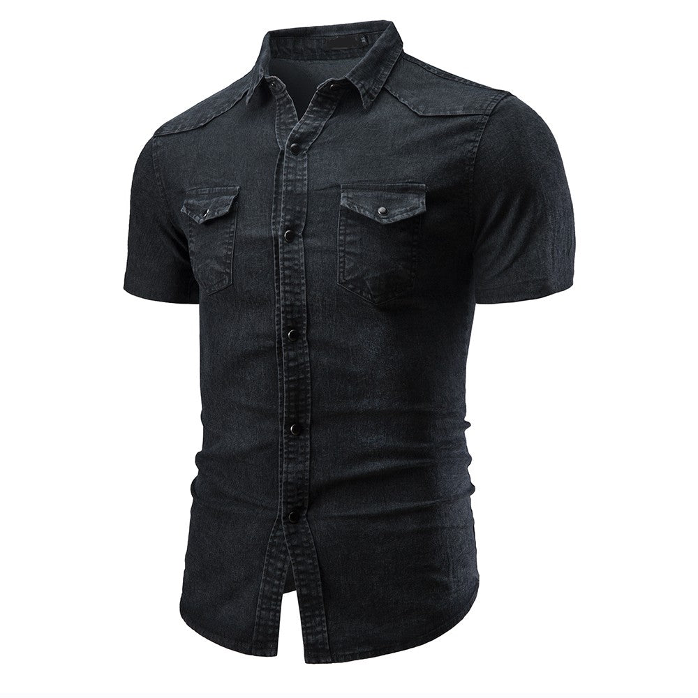 New Men's Fashion Short Sleeve Denim Shirt Soft Solid Color Slim Fit Cowboy Top for Men