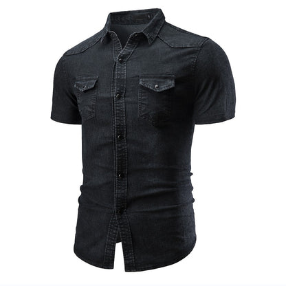 New Men's Fashion Short Sleeve Denim Shirt Soft Solid Color Slim Fit Cowboy Top for Men