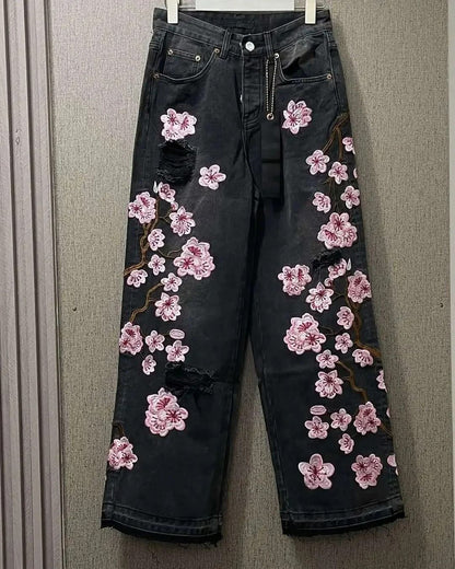 Streetwear Vintage Dragon Fight Embroidered Jeans Y2K Men Women Vintage Inspired Washed Baggy Jeans Mid Rise Wide Leg Trousers