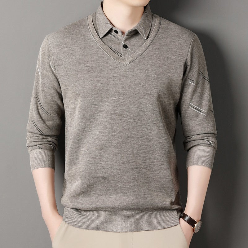 Men's Fleece Lining Sweater Autumn Winter Pullover Polo Shirt Collar Fake Two Piece Thick Warm Top Clothes Casual Knitwear