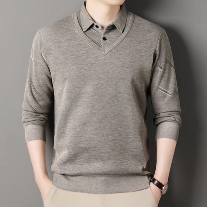 Men's Fleece Lining Sweater Autumn Winter Pullover Polo Shirt Collar Fake Two Piece Thick Warm Top Clothes Casual Knitwear