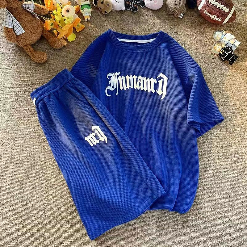 Summer Oversize Casual Fashion tracksuit Loose Jogging Waffle Suit Men Loose Short-sleeve tshirt + Sports Shorts 2pcs Set Outfit