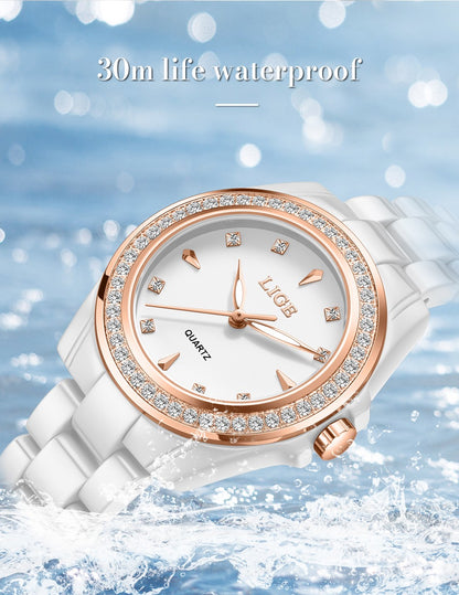 LIGE Fashion Elegant Watch for Women Ceramics Strap Diamond wristwatch Luxury Ladies Bracelet Quartz Watches Gifts Reloj Mujer