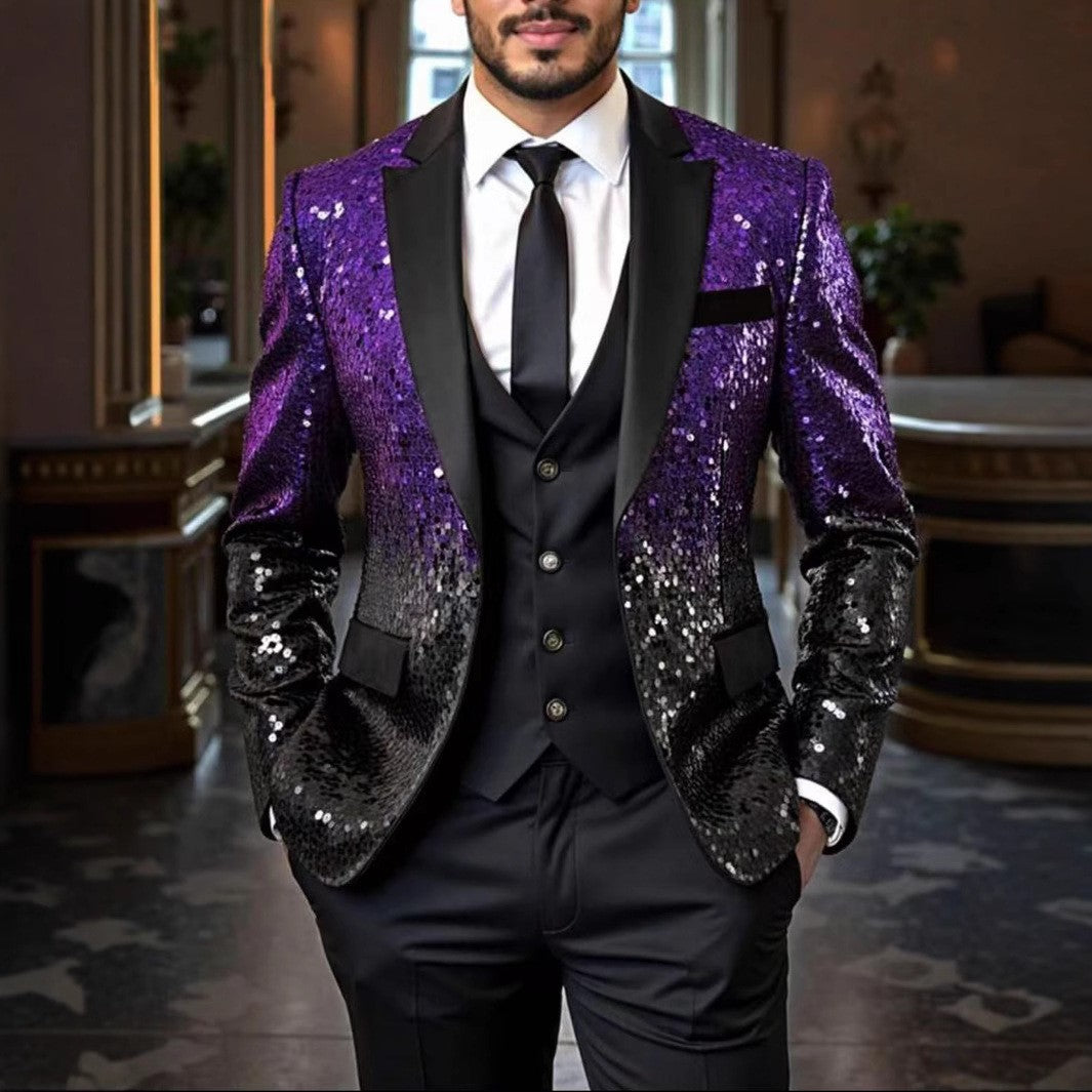 Shiny Sequin Tuxedo Jacket for Men - Royal Blue & Gold Gradient, Black Lapel, Formal Party/Wedding/Stage Wear? Coat.