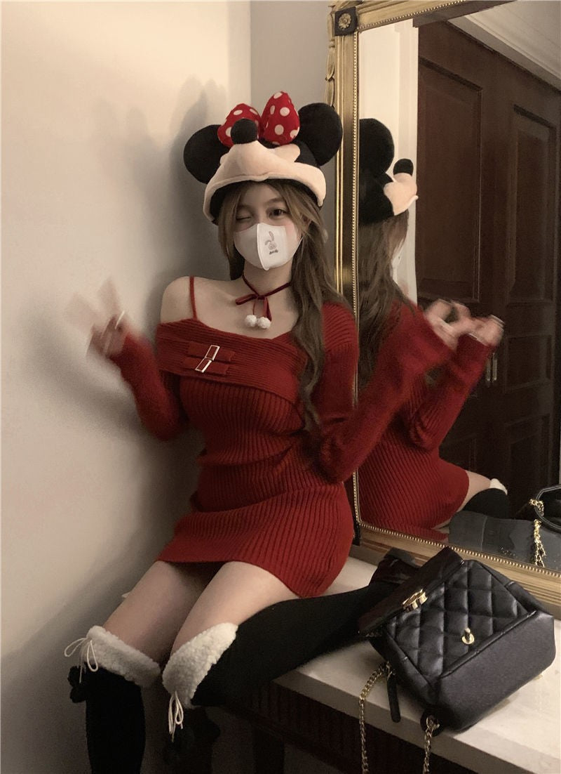 MEXZT Y2K Knitted Mini Dress Women Streetwear Sexy Off Shoulder Sweater A Line Dresses Christmas Party Korean Bodycon Vestidos