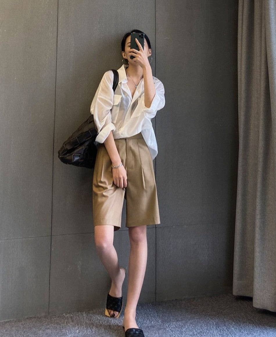 High Waist Wide Leg Suit Shorts for Women Spring Summer Button Straight Short Pants Office Lady Fashion Casual Womens Shorts