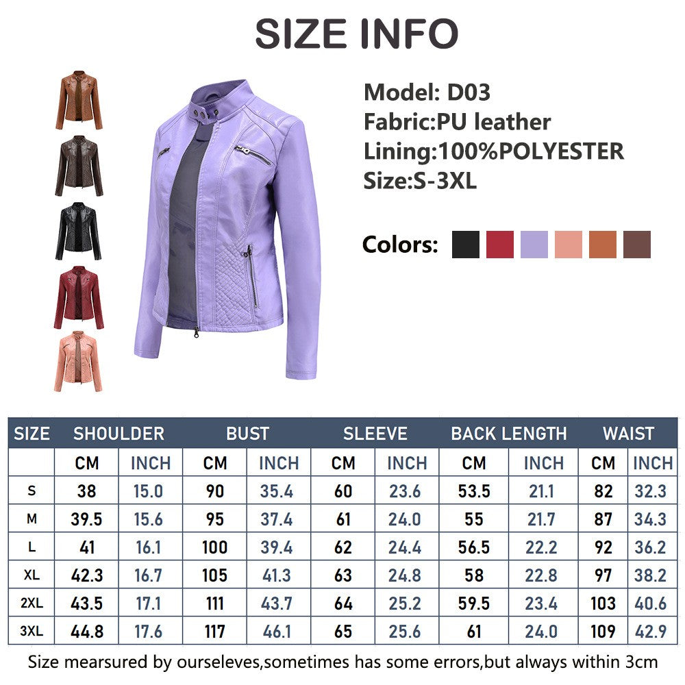 2025 Autumn Women's Black Moto Biker Zipper Jacket, Red Apricot Coffee PU Coat, Light Purple Outerwear.