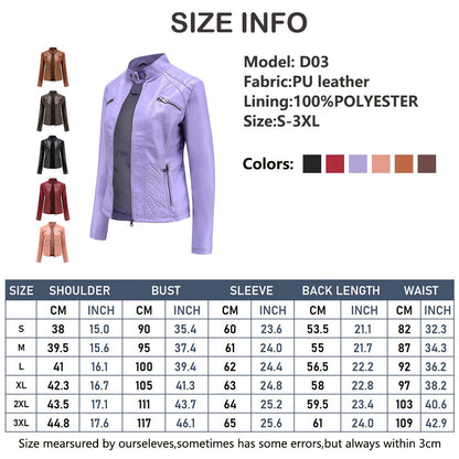 2025 Autumn Women's Black Moto Biker Zipper Jacket, Red Apricot Coffee PU Coat, Light Purple Outerwear.