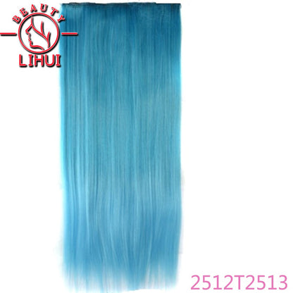 Extensões de cabelo sintéticas com clipe, longas e lisas, com 5 clipes em uma única peça, extensões de cabelo multicoloridas LIHUI
