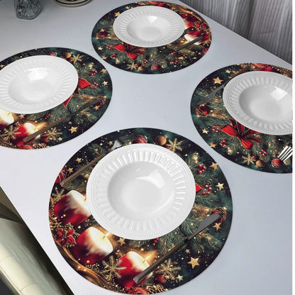 4PCS Christmas Placemats Round Polyester Non Slip Heat Resistant Festive Table Mats Christmas Style Design Round Tablecloth