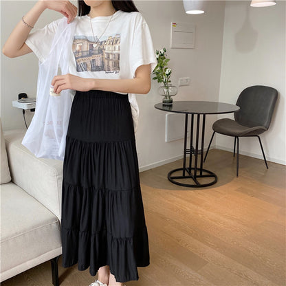 Spring Summer Women Chiffon Skirts Vintage High Waist Elastic Patchwork White Bl