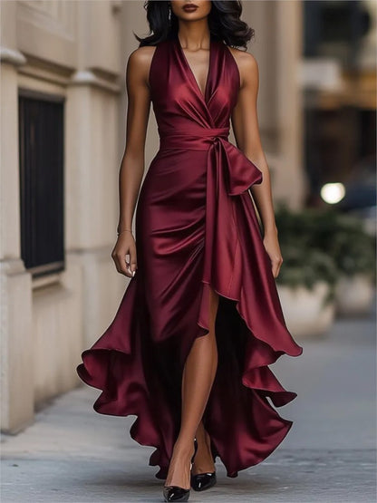Elegant Women's Evening Rules Ruffled Slit Dress Summer Sexy Deep V Neck Backless Slimming Lady Waist Cinching Lace Up Dreses