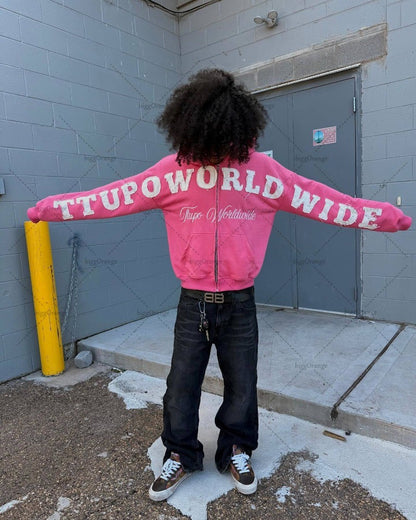 2025 Trendy Retro Harajuku Letter Embroidered Zipper Hoodie Women Punk Oversized Sweatshirt Men Hip-hop Casual Loose Streetwear