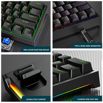 K620 Mini Teclado Mecânico para Jogos 61 Teclas RGB Hotswap Teclado para Jogos com Fio Tipo-C Teclas PBT Teclados Ergonômicos 60%
