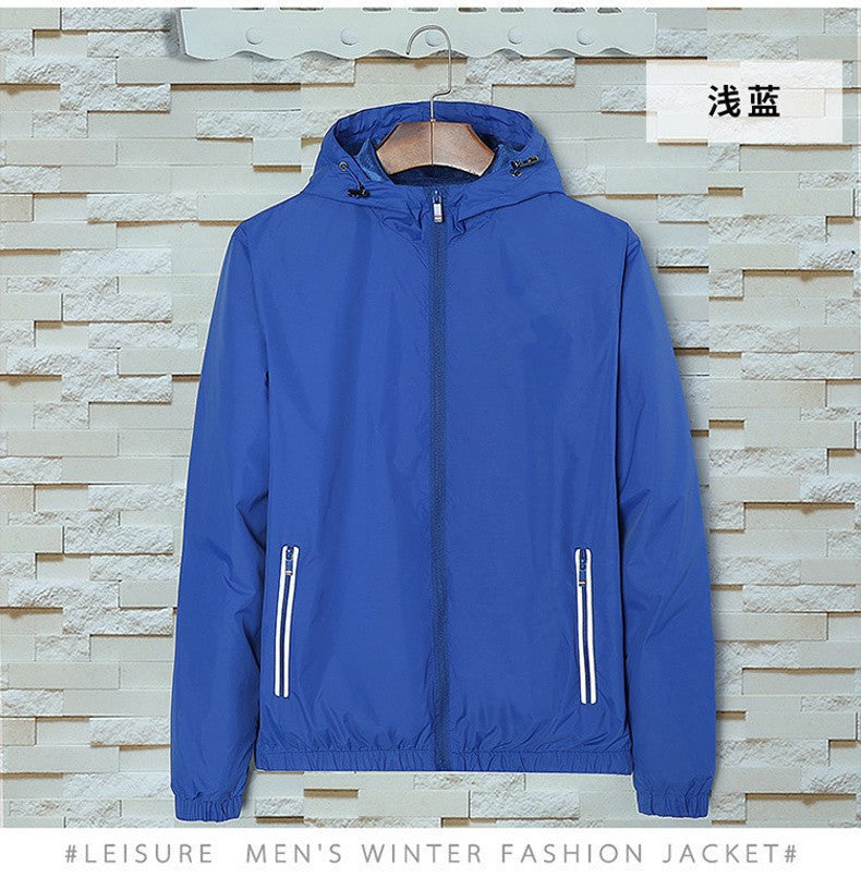 2025 Autumn Windproof Jacket Men's Trendy Solid Color Zipper Pocket Windbreaker Coat Casual Camping Jogging Loose Hooded Jackets