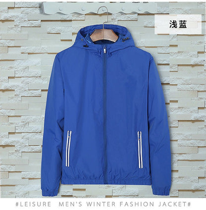 2025 Autumn Windproof Jacket Men's Trendy Solid Color Zipper Pocket Windbreaker Coat Casual Camping Jogging Loose Hooded Jackets