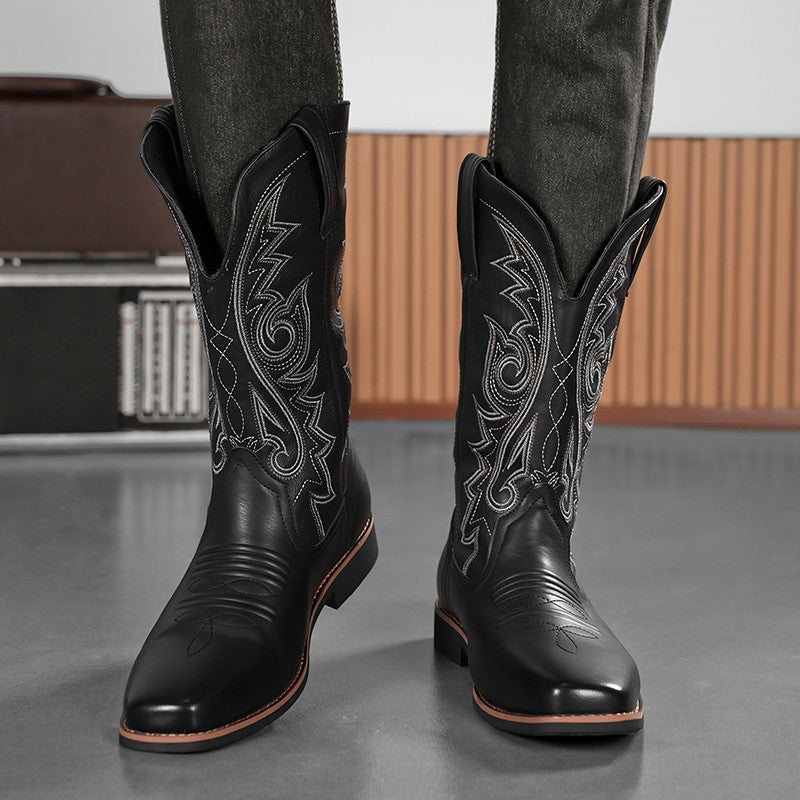 Men's Creative Pattern Embroidered Vintage Lace-Up Boots Wide-Toe Men's Cowboy Boots High-Top Riding Boots Extra Large Sizes