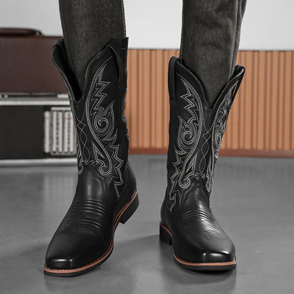 Men's Creative Pattern Embroidered Vintage Lace-Up Boots Wide-Toe Men's Cowboy Boots High-Top Riding Boots Extra Large Sizes