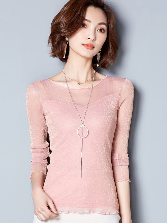 2025 Glitter Mesh Blouse Sexy Womens Shirts Long Sleeve Tops Korean Black Pink O-Neck Elegant Slim Blouse Camisas Femininas