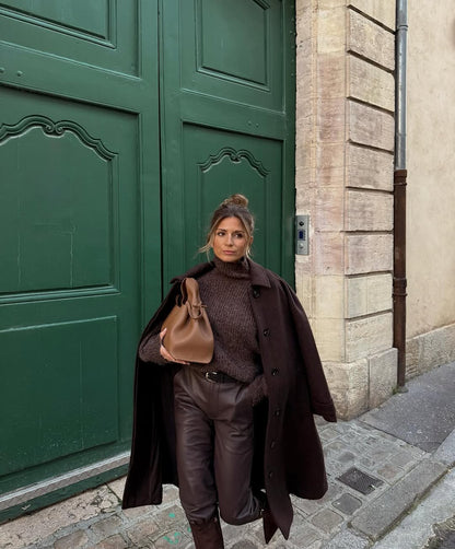 Brown Women Retro Woolen Warm Overcoat Solid Lapel Waist Cinching Single Breasted Loose Coat 2025 Lady Winter Street Warm Wear