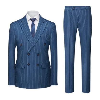 Blue Pinstripe Men's Double-breasted Suit Two-piece, Wedding/Party/Business Dress Jacket and Pants, Red Gray Male Sets M-4XL 5XL