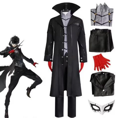 Anime Persona 5 Joker Cosplay Costume Game P5 Rain Palace Lotus Cosplay Full Set of Clothing Glove Mask Black Overcoat Uniform
