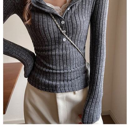 Lace Slim-fitting Bottoming Shirt Fake Two Piece Long Sleeve T-Shirt Women Chic Button Pit Striped Tops Autumn Winter Base Tees