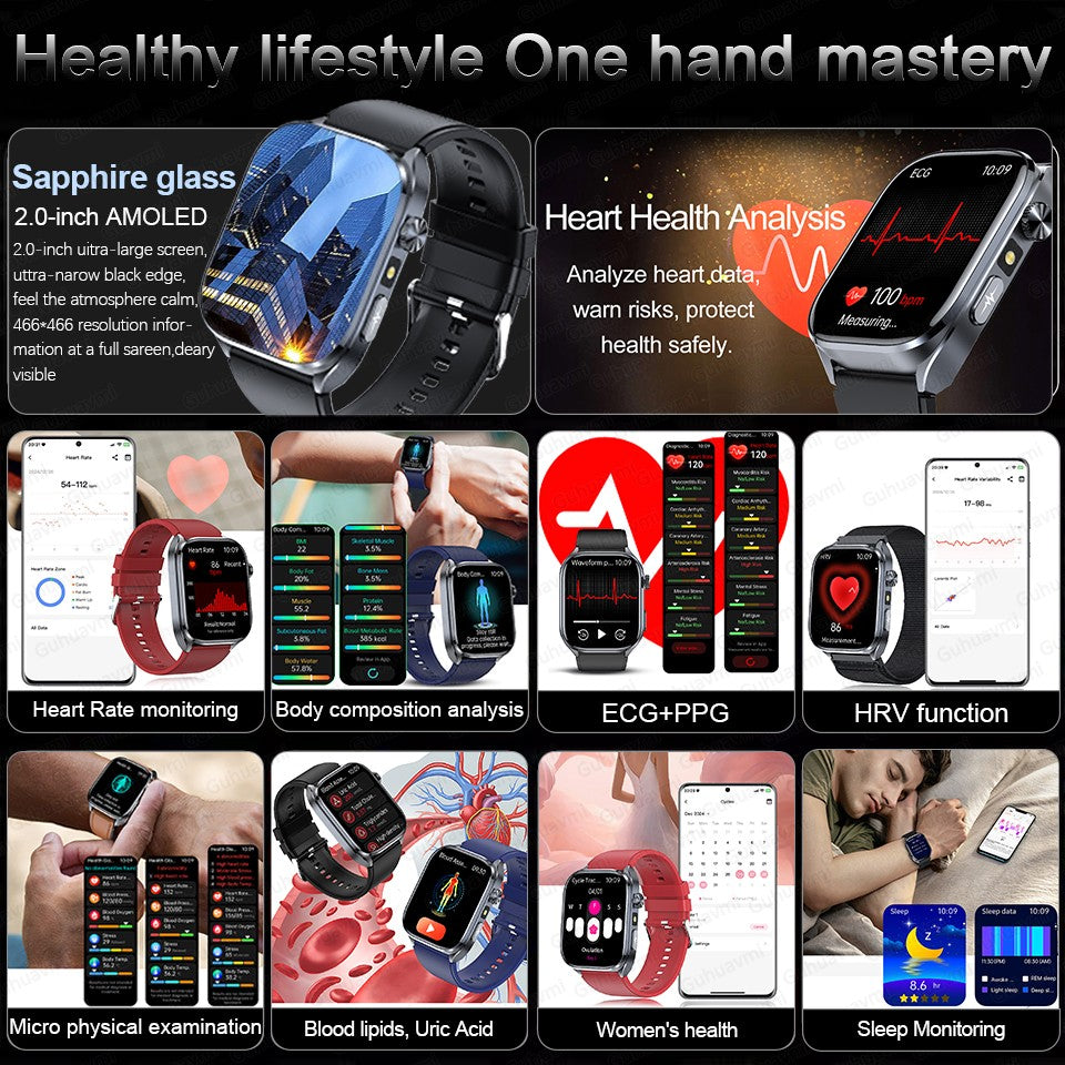 Smartwatches 2025: Novo ECG+PPG, relógio feminino e masculino, ácido úrico, pressão arterial, oxigênio no sangue, análise corporal, gordura corporal, chamadas BT, lanterna de LED.