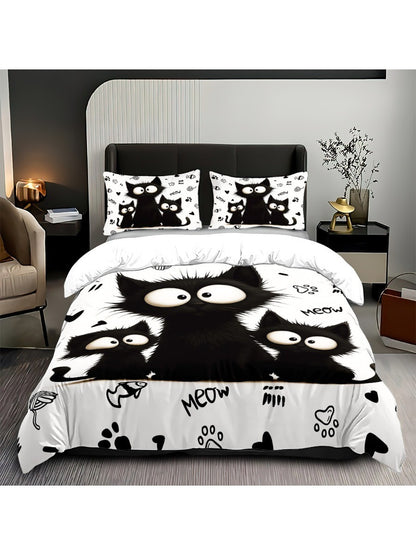 3pc Black Cat Printed Bedding Set with Coreless, Soft and Comfortable Multi Size Machine Washable 1 Duvet Cover+2 Pillowcases
