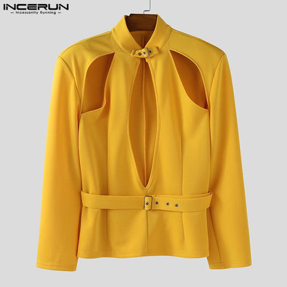 INCERUN Men Blazer Solid Stand Collar Long Sleeve Hollow Out Male Suit Streetwear Personality Fashion Casual Blazer With Belt