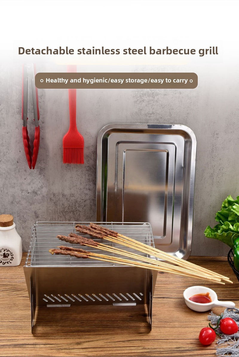 3-Piece Stainless Steel Portable BBQ Set - Compact Folding Grill for Camping, Mini Detachable Card-Style Outdoor Cooking